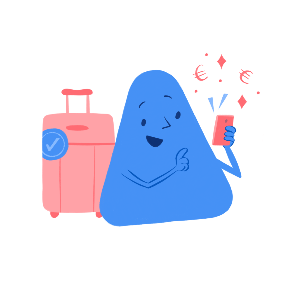 The AirHelp mascot, the AirHelper, celebrates getting a €100 payout with luggage insurance