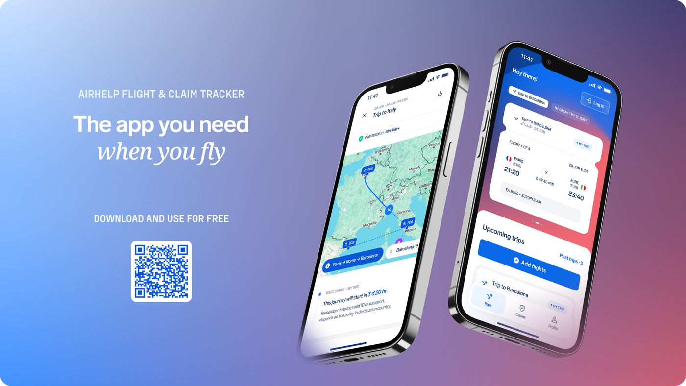 AirHelp app showing a route map and how to submit a claim