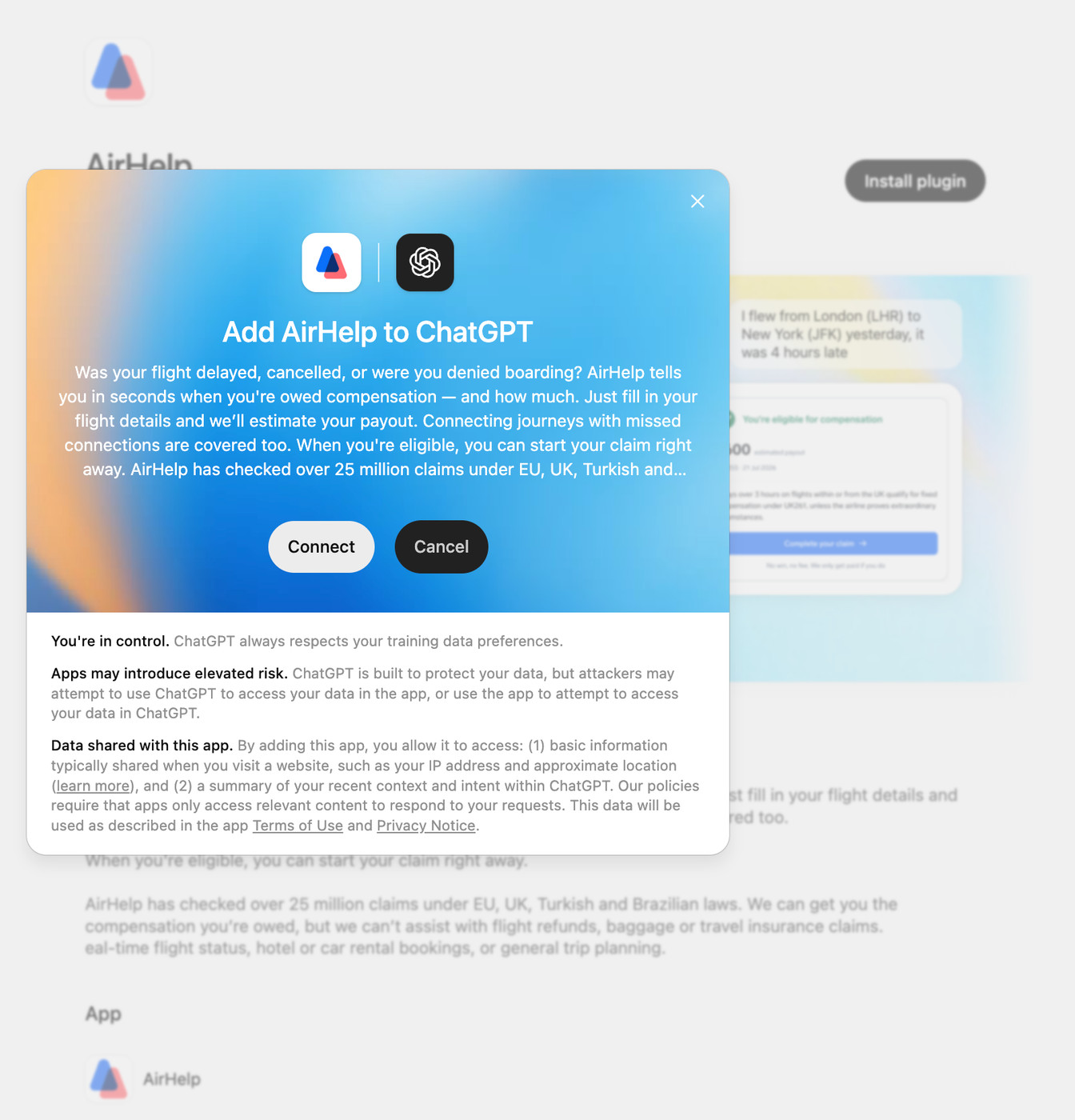 The AirHelp listing in ChatGPT's app directory
