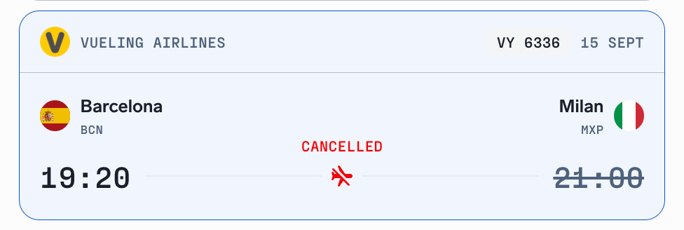 Matched flight card showing a canceled Vueling flight