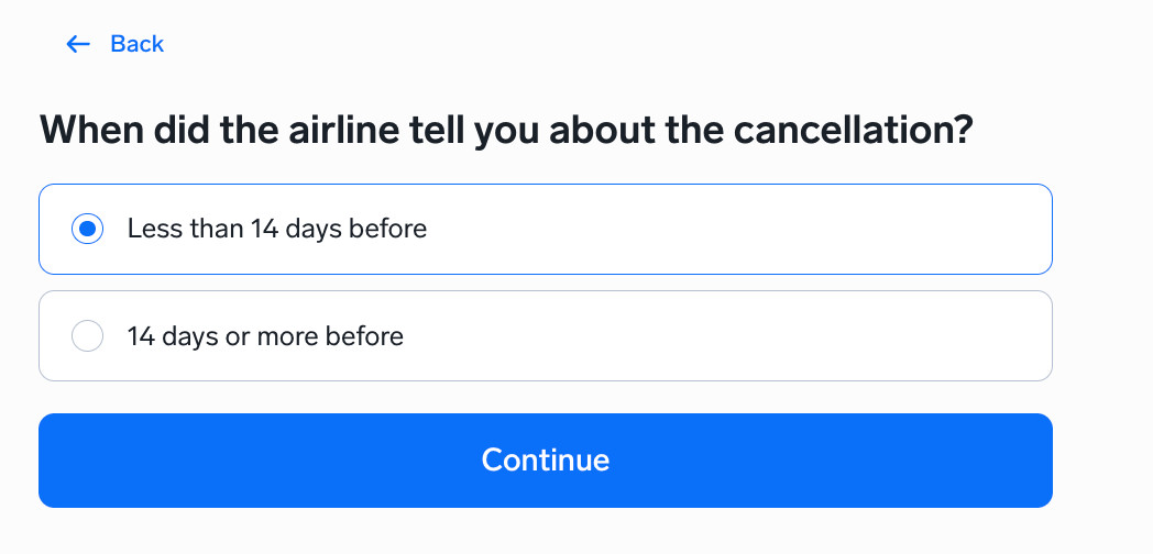 Question asking when the airline announced the cancellation