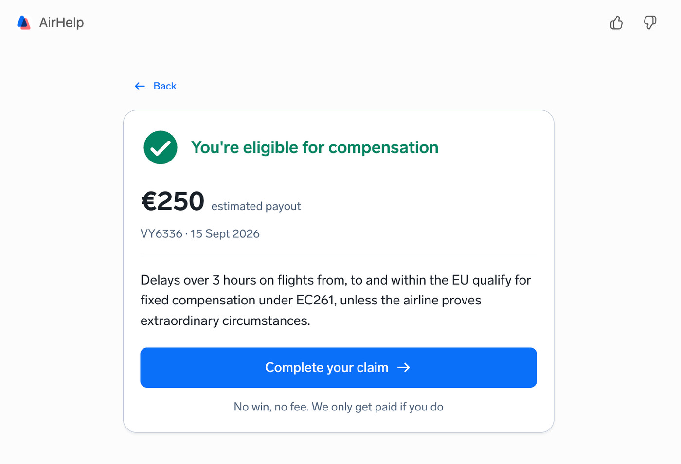 Eligibility result showing an estimated payout