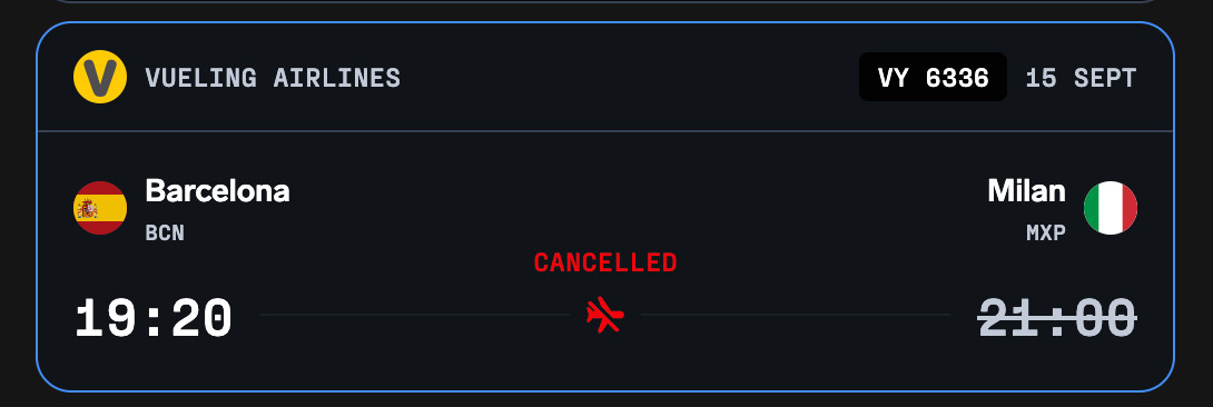Matched flight card showing a cancelled Vueling flight