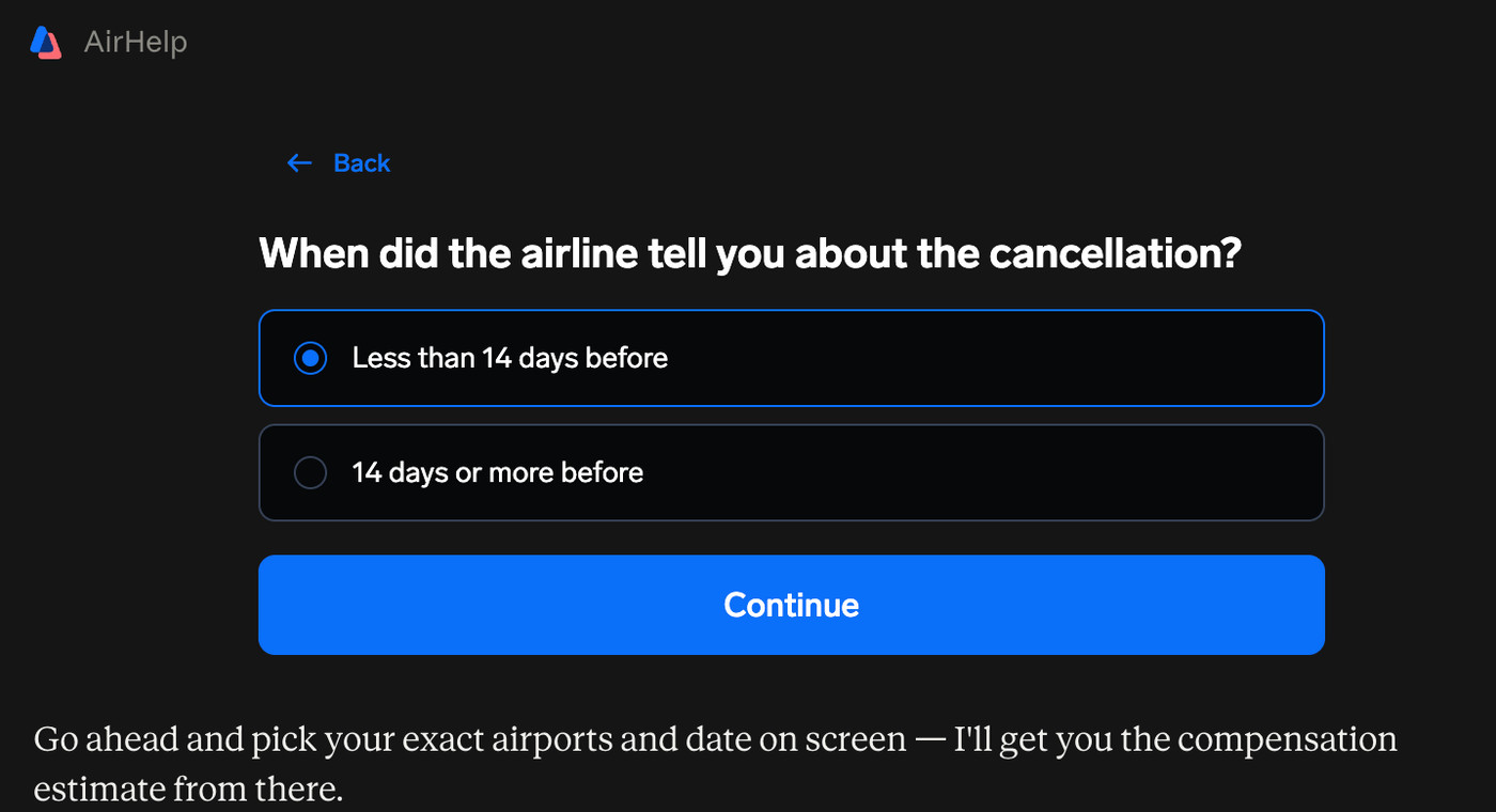 Question asking when the airline announced the cancellation