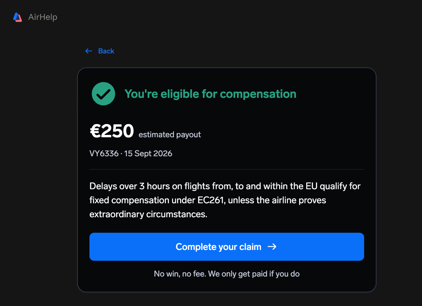 Eligibility result showing an estimated payout