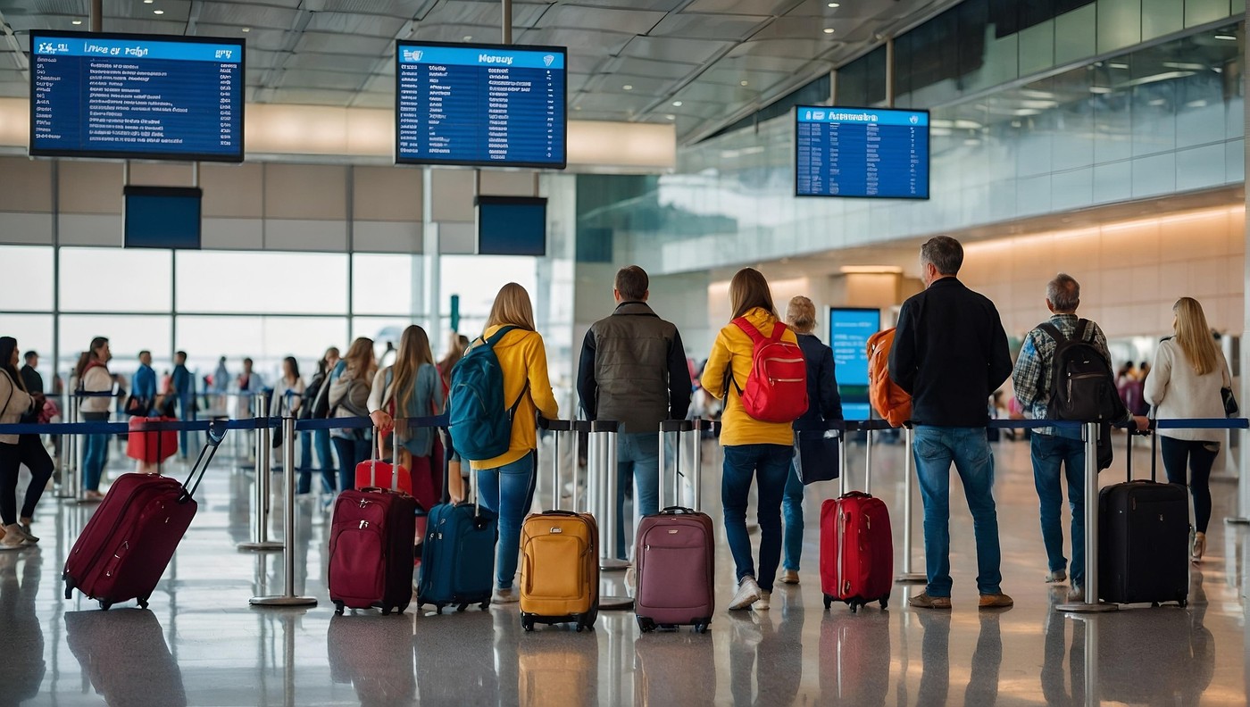Passagers à l'aéroport se dirigeant vers les panneaux d'affichage des vols avec leur valise