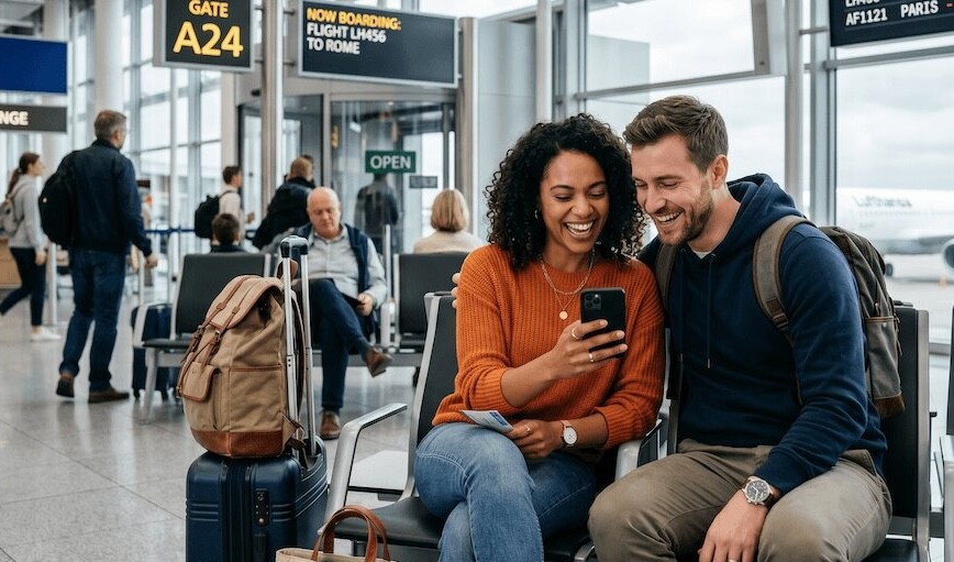 A happy couple smiling and looking at a smartphone together while sitting at an airport boarding gate