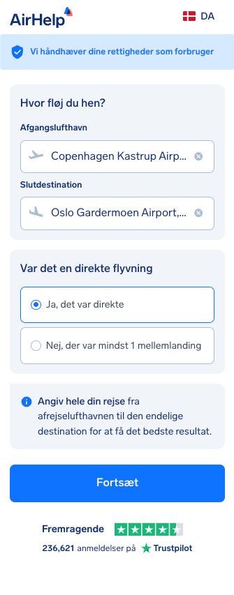 AirHelp-ansøgningsformular, der viser valg af afgangs- og ankomstlufthavn samt mulighed for direkte fly.
