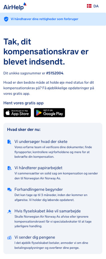 Bekræftelsesside for indsendelse af krav, der viser et unikt sagsnummer og links til AirHelp-appen.