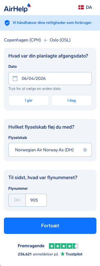 Trin for flyoplysninger: Felter til planlagt afgangsdato, flyselskabets navn og flynummer.