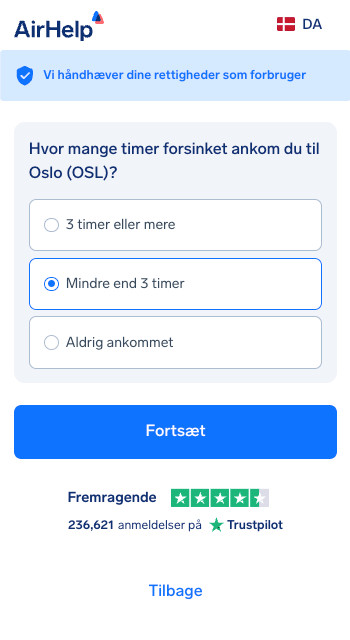 Valg af ankomstforsinkelsens varighed: Muligheder for 3 timer eller mere, mindre end 3 timer eller ankom aldrig.