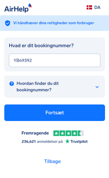 Indtastningsfelt til reservationsnummer med en rullemenu til hjælp med at finde koden.