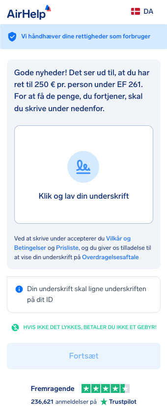 Digital signaturboks til AirHelps overdragelseserklæring for at godkende kravet.