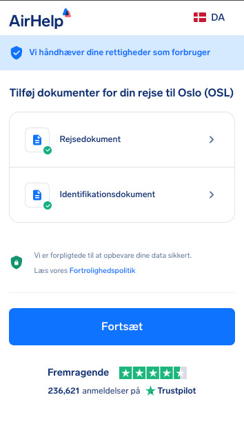 Sektion til upload af rejsedokumenter og legitimation med et ikon for datasikkerhed.