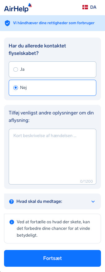 Formular til yderligere flyoplysninger med et tekstfelt til beskrivelse af hændelsen og status for kontakt med flyselskabet.