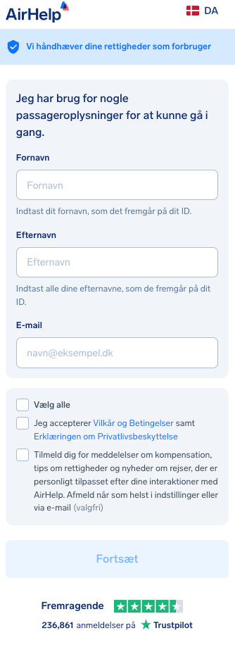 Passagerinformationsformular med felter til fornavn, efternavn og e-mailadresse.