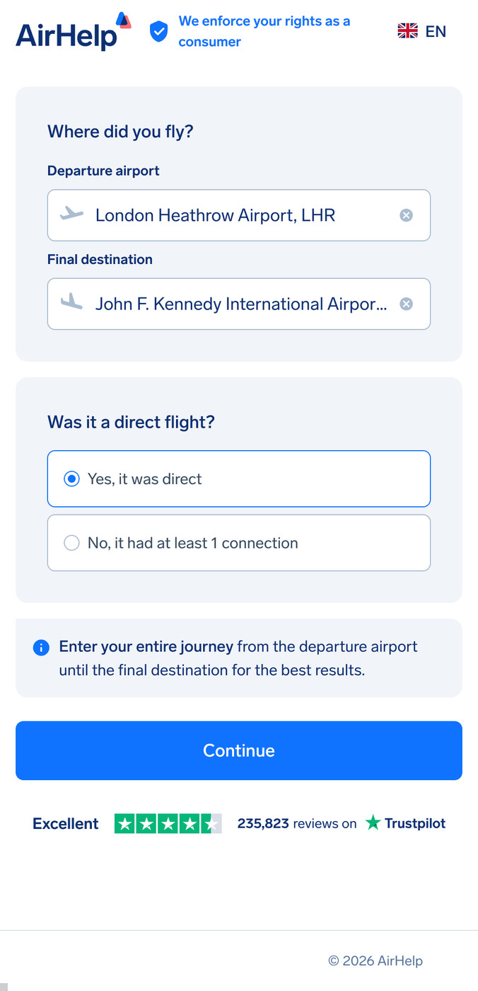 AirHelp claim form showing departure and arrival airport selection with direct flight option.