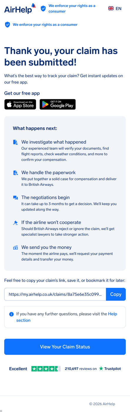 Claim submission confirmation page showing a unique claim ID and links to the AirHelp app.