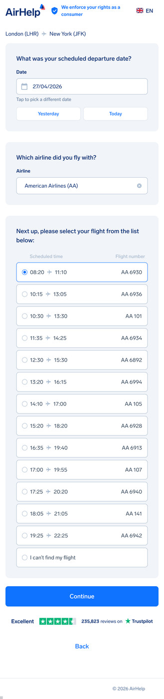 Flight details step: fields for scheduled departure date, airline name, and flight number.