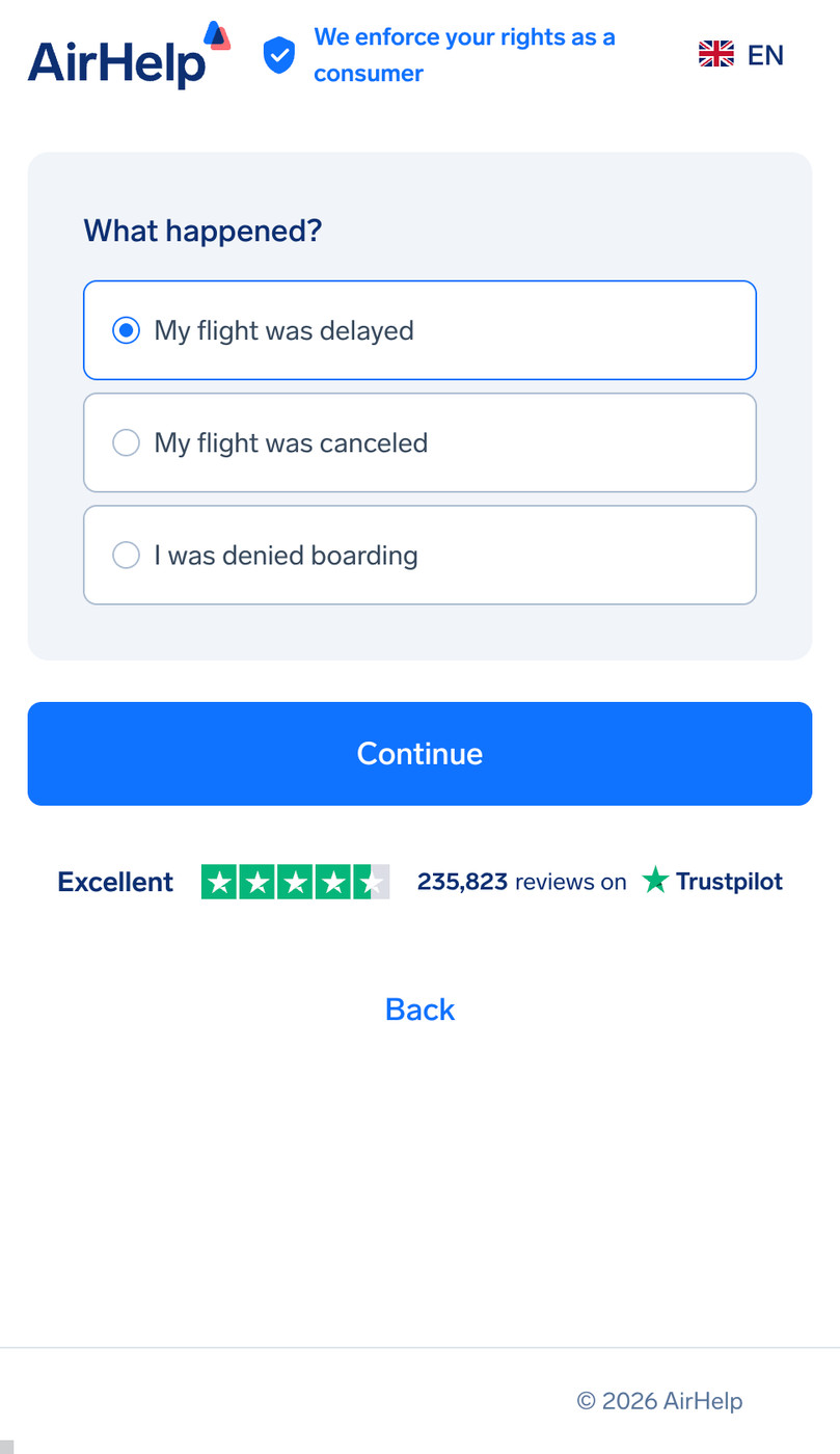 Flight disruption selection: options for delayed flight, canceled flight, or denied boarding.