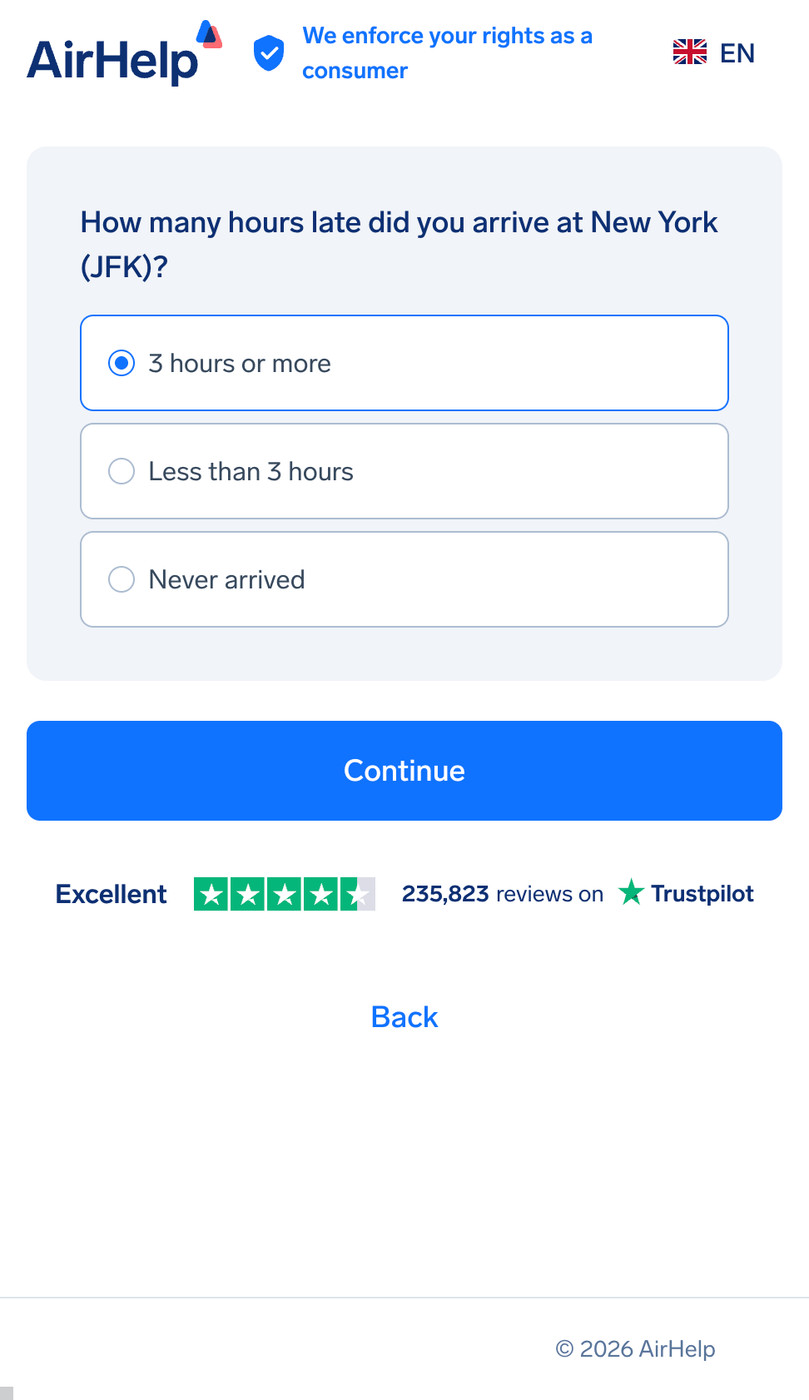 Arrival delay duration selection: options for 3 hours or more, less than 3 hours, or never arrived.