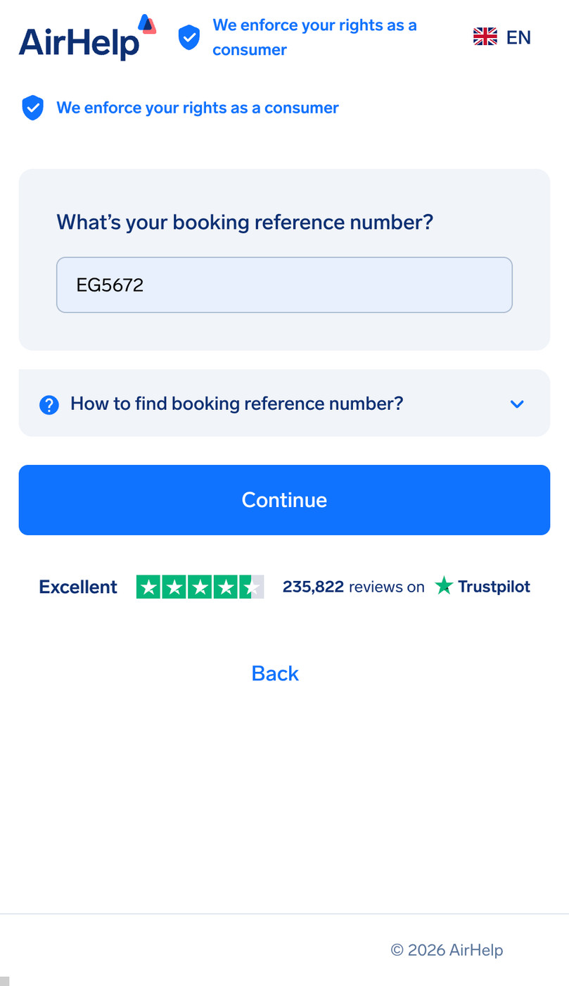 Booking reference number input field with a help dropdown for finding the code.