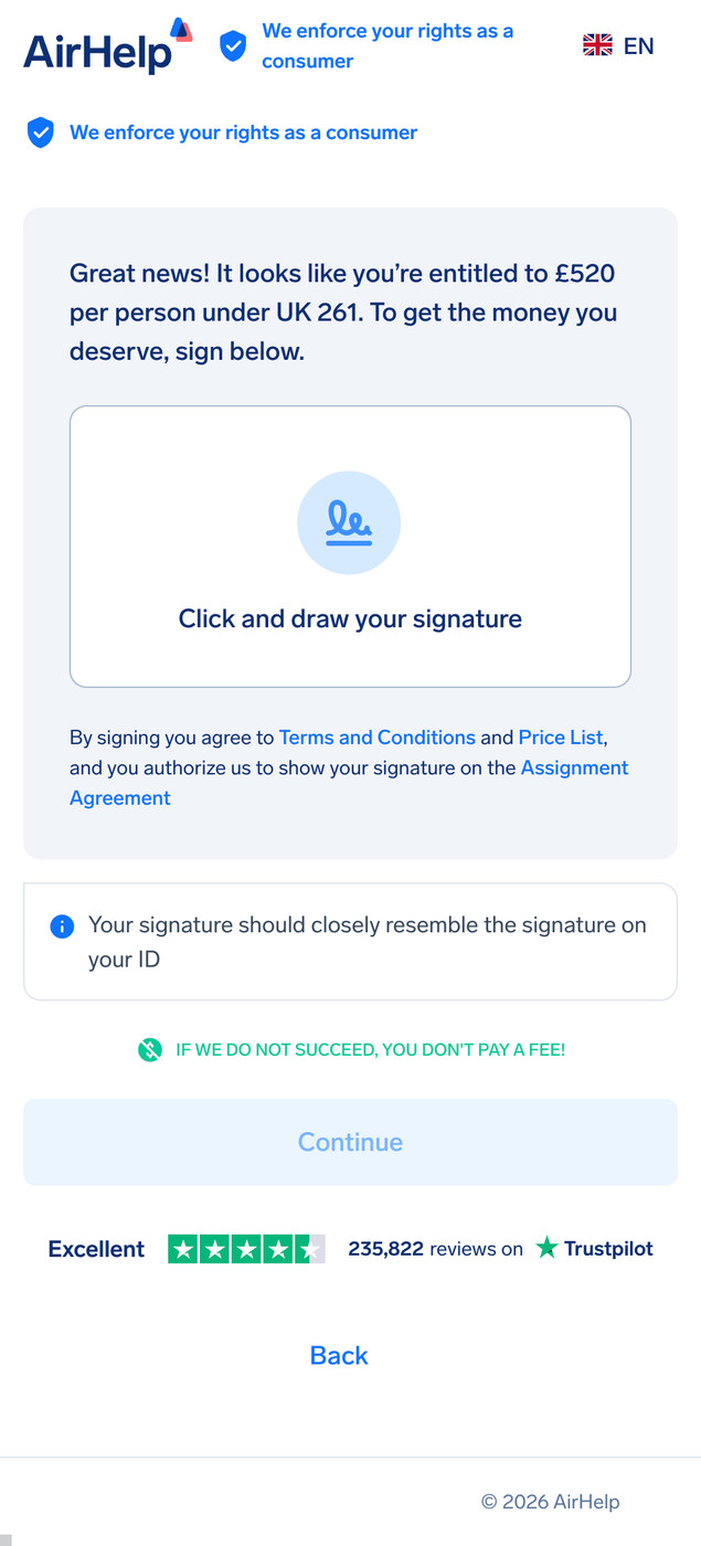 Digital signature box for the AirHelp assignment agreement to authorize the claim.