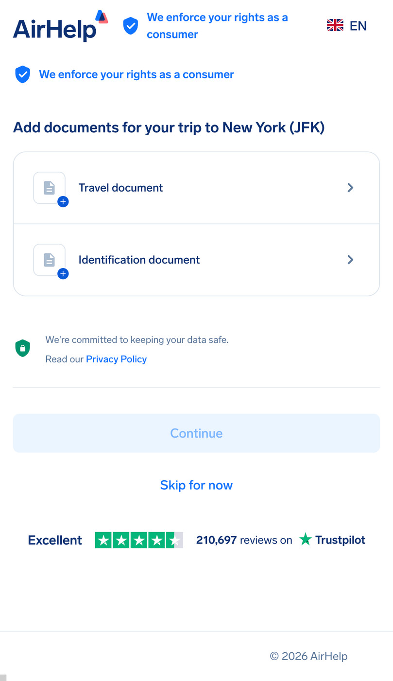 Document upload section for travel and identification documents with a secure data icon.