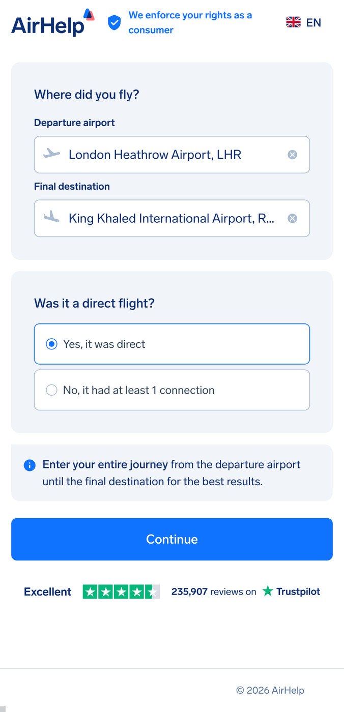AirHelp claim form showing departure and arrival airport selection with direct flight option.