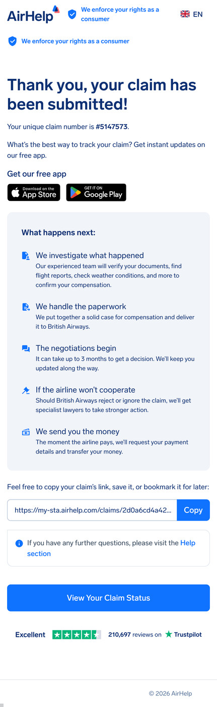 Claim submission confirmation page showing a unique claim ID and links to the AirHelp app.