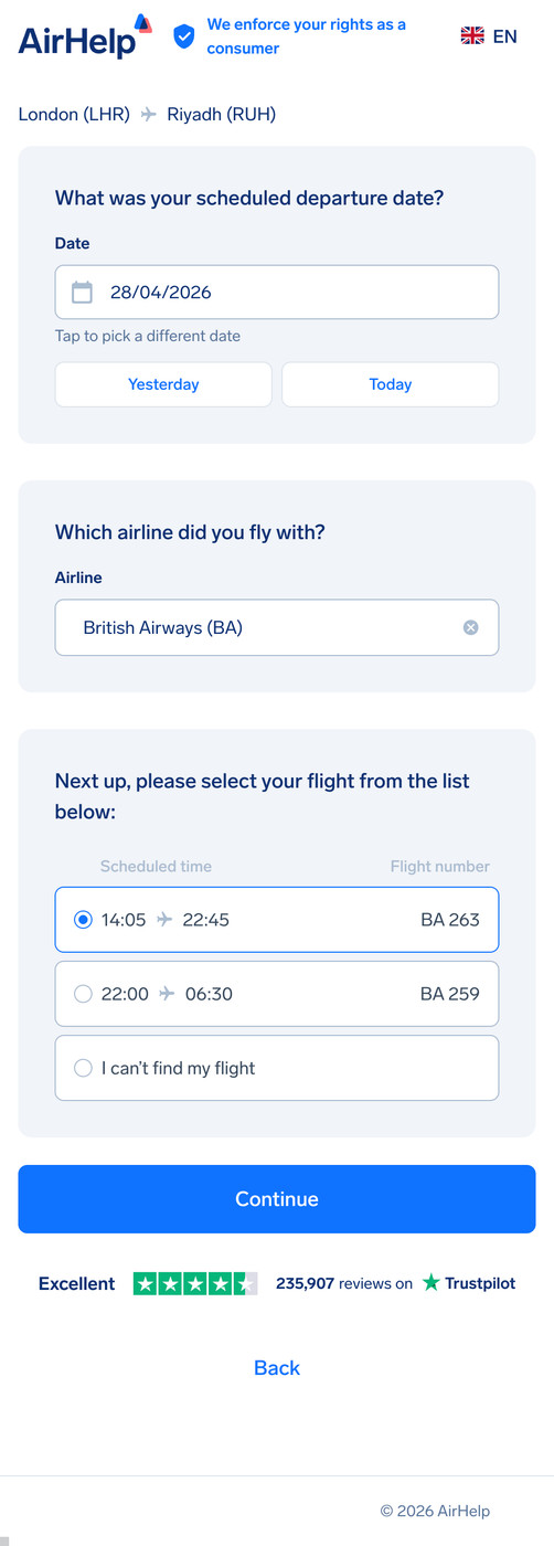 Flight details step: fields for scheduled departure date, airline name, and flight number.
