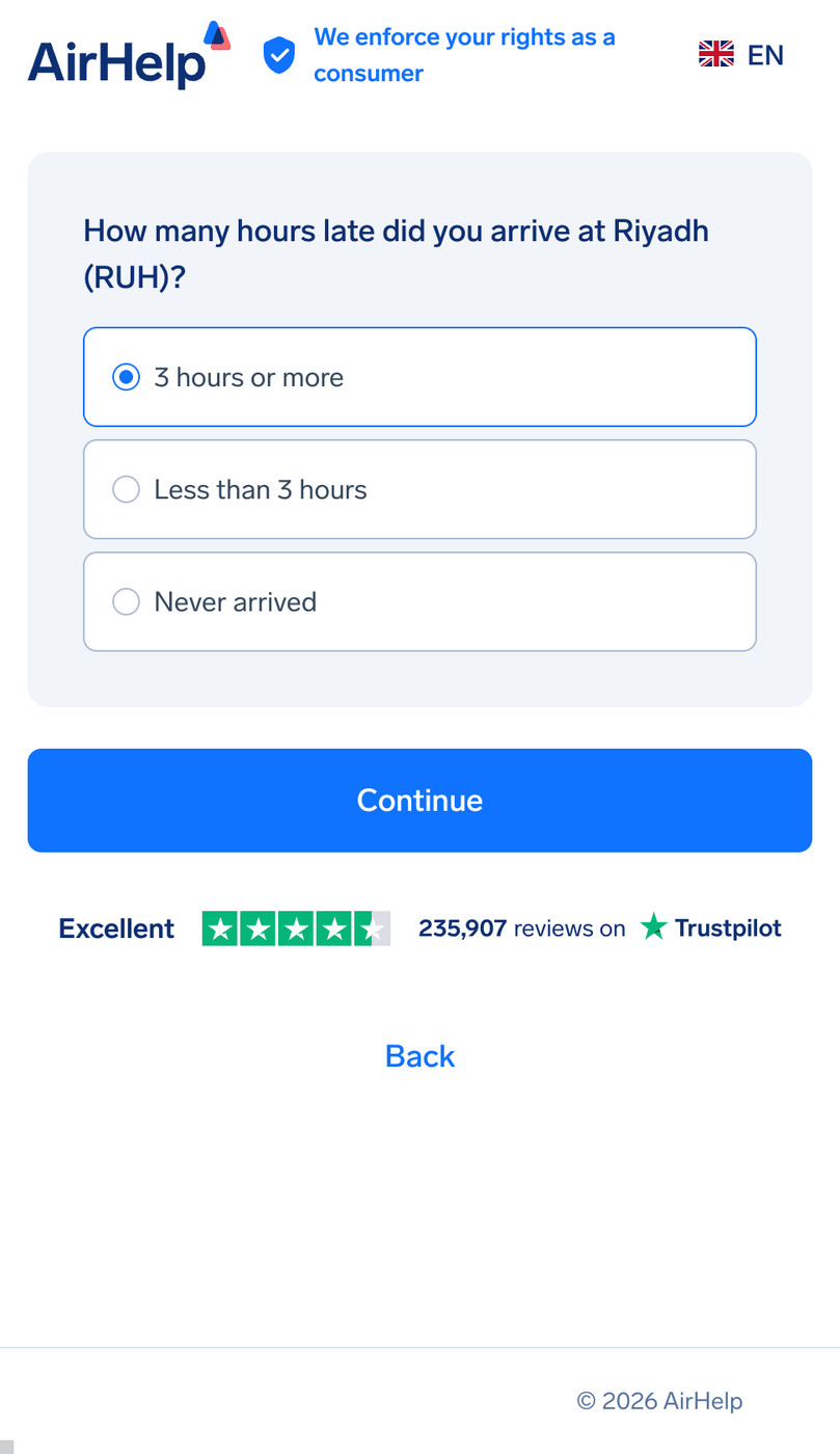 Arrival delay duration selection: options for 3 hours or more, less than 3 hours, or never arrived.