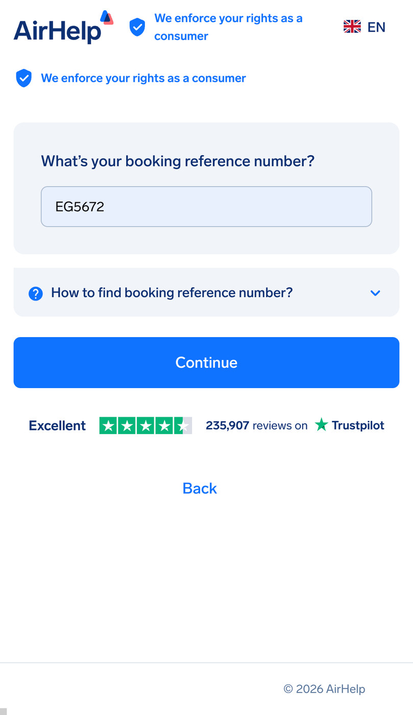 Booking reference number input field with a help dropdown for finding the code.