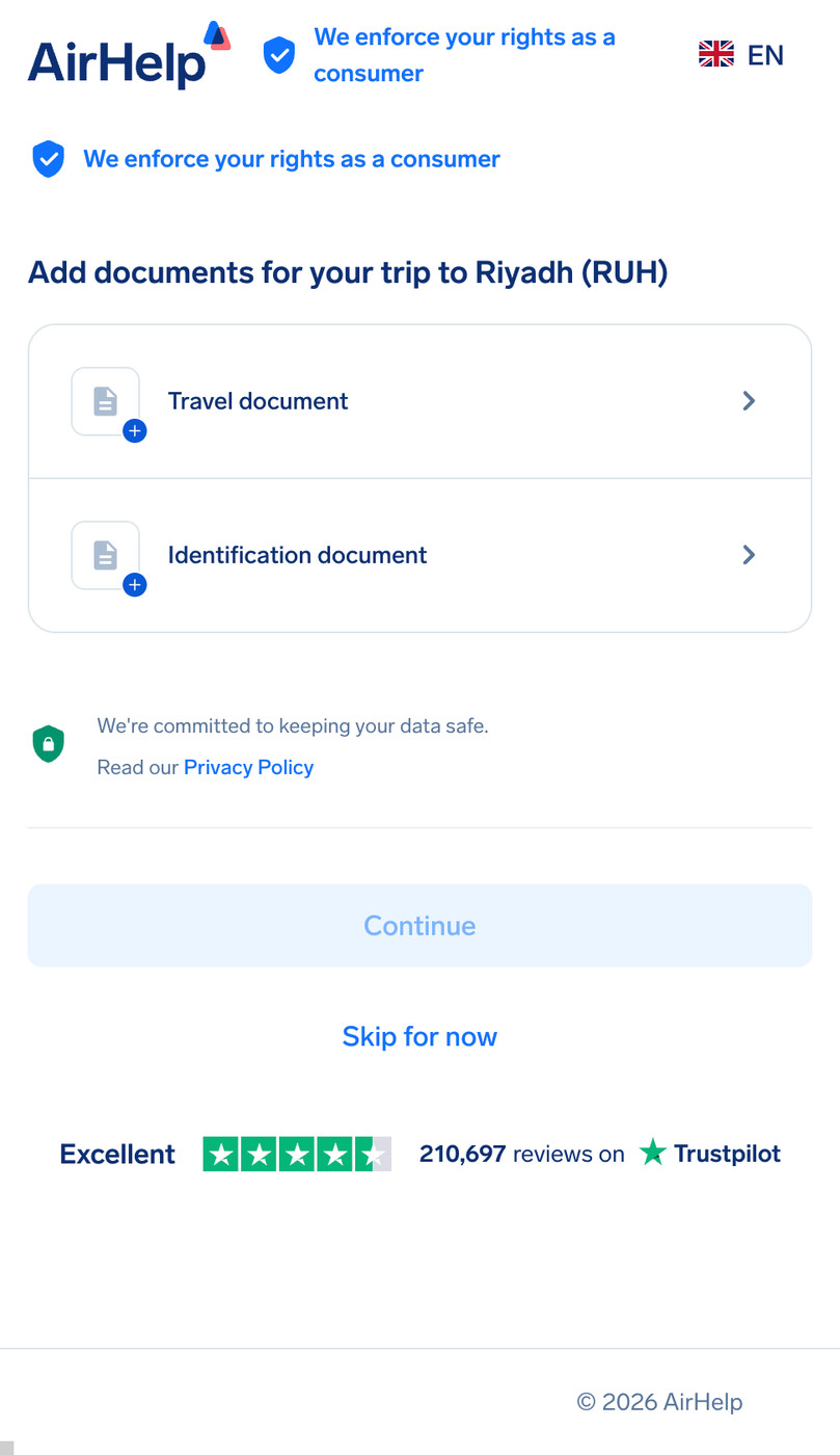Document upload section for travel and identification documents with a secure data icon.