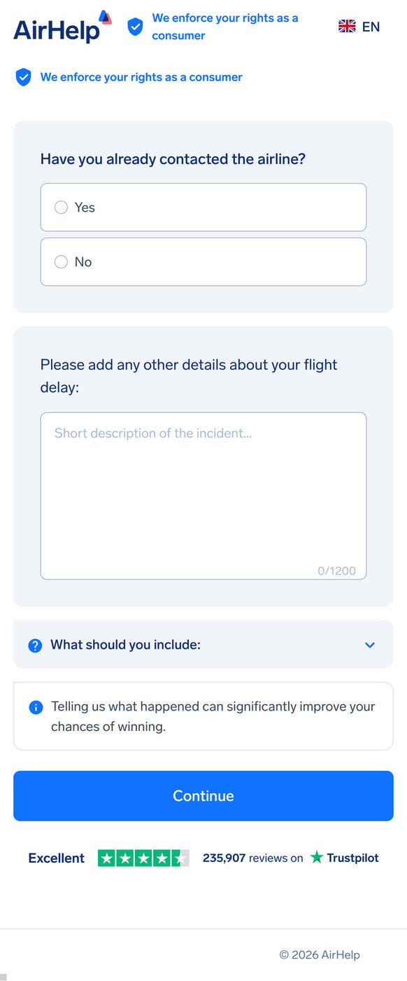 Additional flight details form with a text area for incident description and airline contact status.