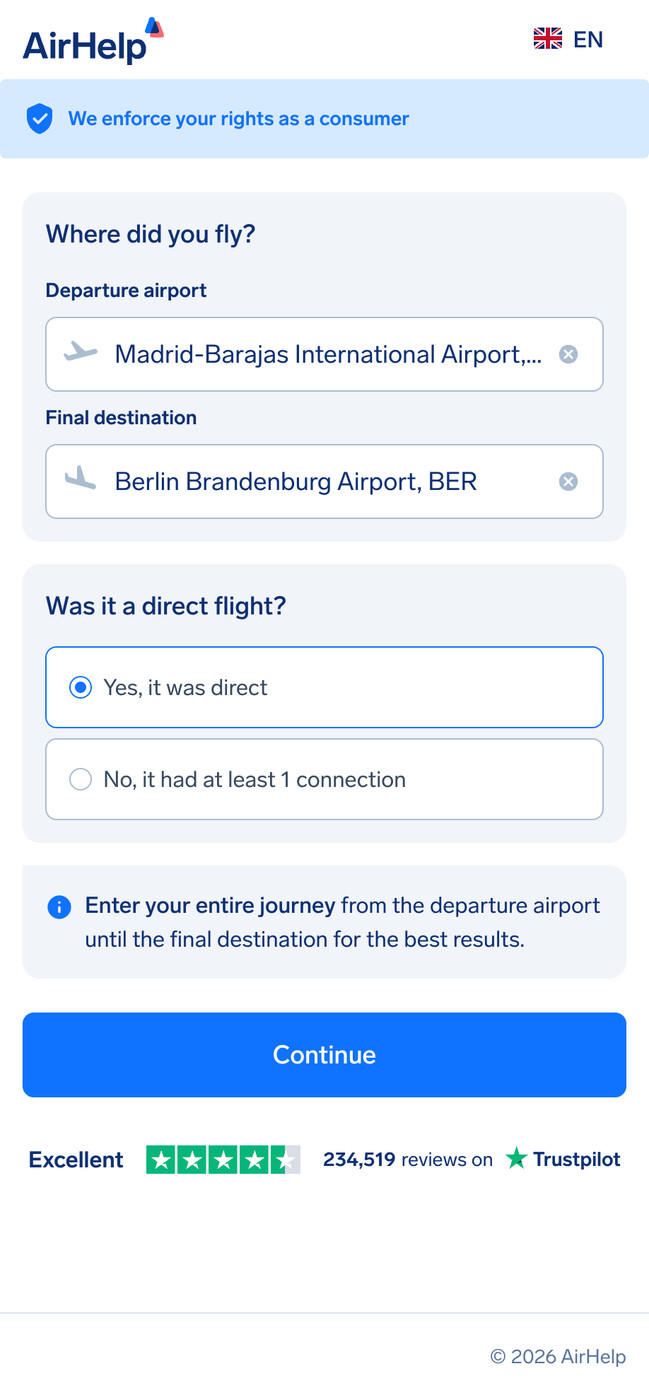 AirHelp claim form showing departure and arrival airport selection with direct flight option.
