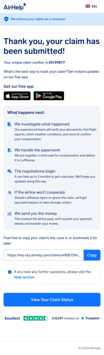 Claim submission confirmation page showing a unique claim ID and links to the AirHelp app.