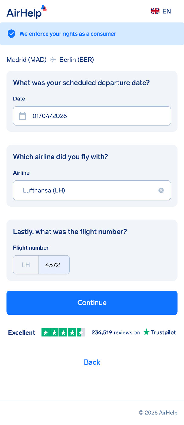Flight details step: fields for scheduled departure date, airline name, and flight number.