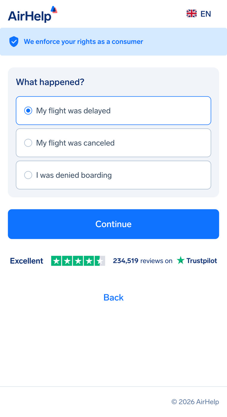 Flight disruption selection: options for delayed flight, canceled flight, or denied boarding.