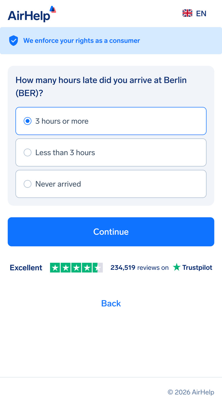 Arrival delay duration selection: options for 3 hours or more, less than 3 hours, or never arrived.