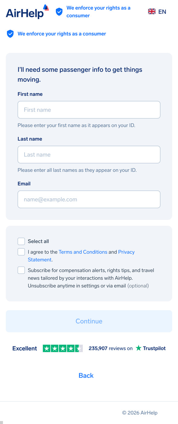 Passenger information form with fields for first name, last name, and email address.