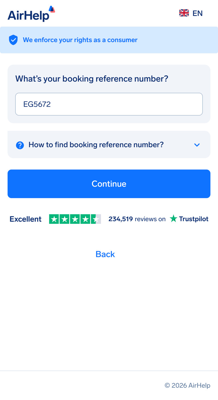 Booking reference number input field with a help dropdown for finding the code.