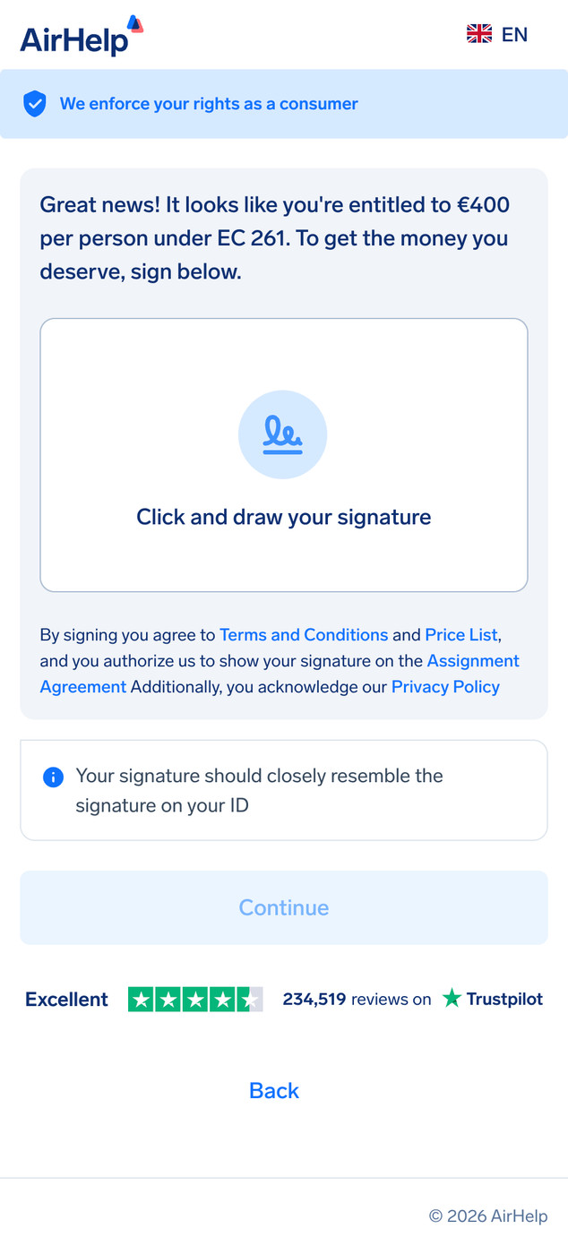 Digital signature box for the AirHelp assignment agreement to authorize the claim.