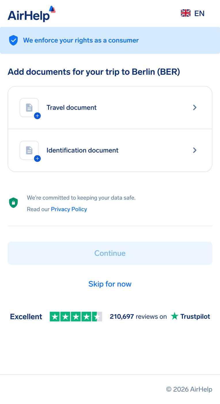 Document upload section for travel and identification documents with a secure data icon.