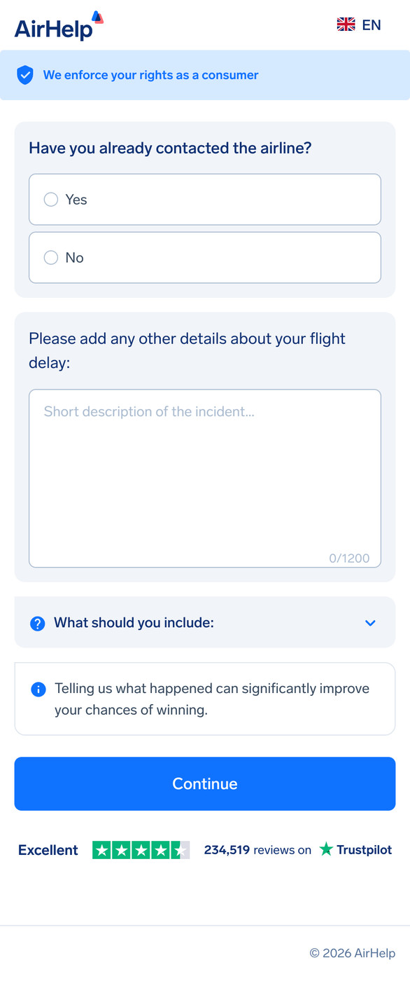 Additional flight details form with a text area for incident description and airline contact status.