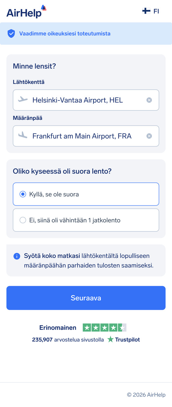 AirHelp-vaatimuslomake, jossa näkyy lähtö- ja määränpääaseman valinta sekä suoran lennon vaihtoehto.