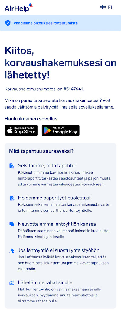 Vahvistussivu vaatimuksen lähettämisestä, jossa näkyy yksilöllinen korvaustunnus ja linkit AirHelp-sovellukseen.