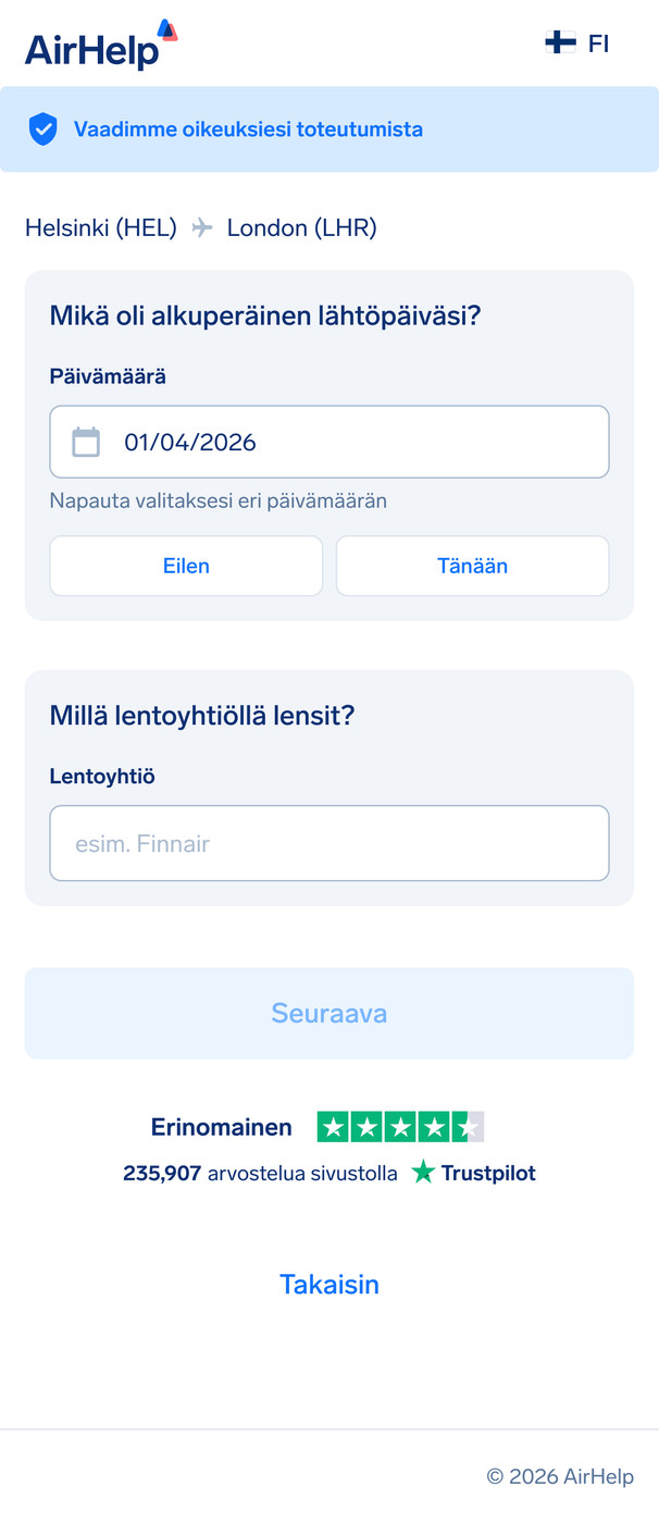 Lennon tiedot -vaihe: kentät suunnitellulle lähtöpäivälle, lentoyhtiön nimelle ja lennon numerolle.