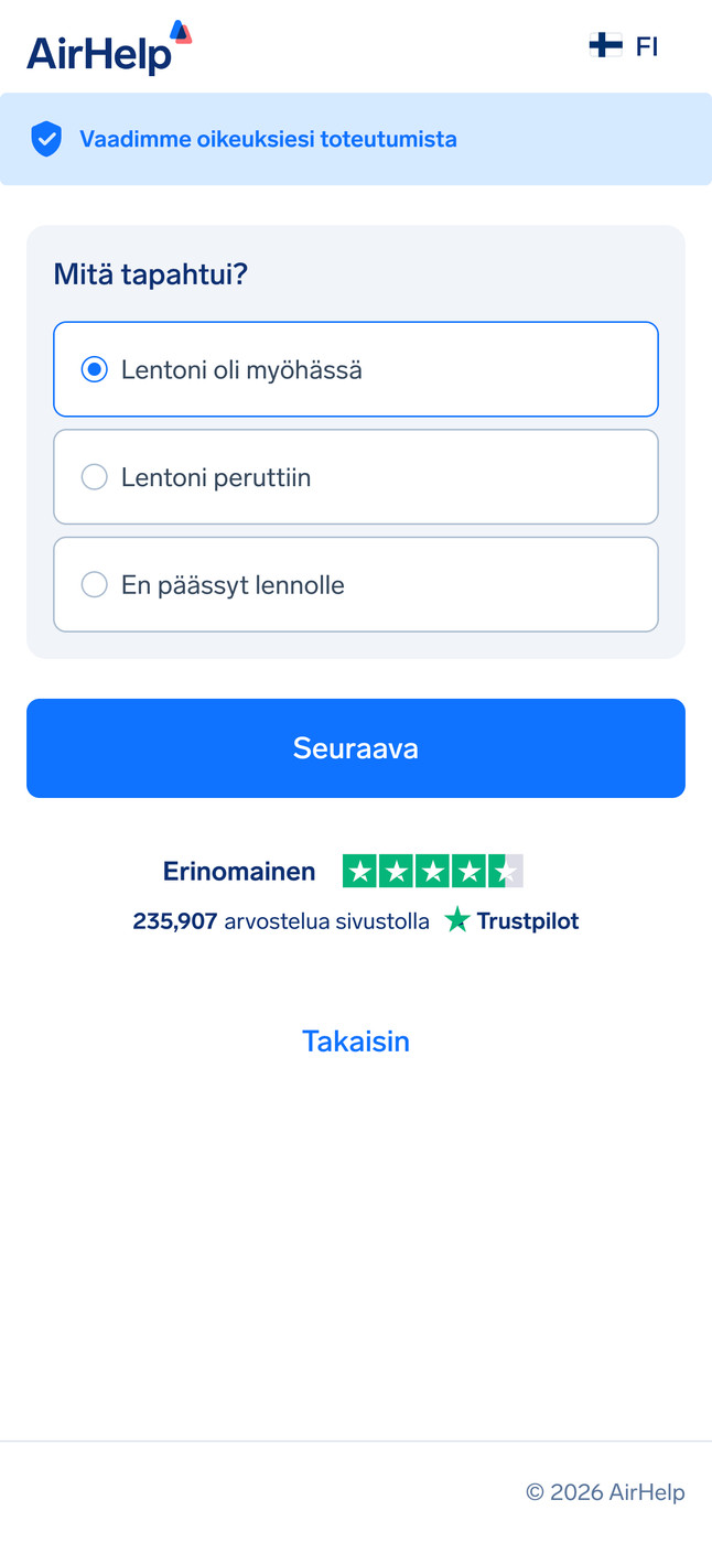Lennon häiriötyypin valinta: vaihtoehdot viivästyneelle lennolle, peruutetulle lennolle tai lennolle pääsyn epäämiselle.