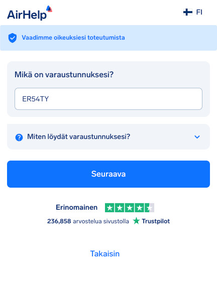 Varausviitteen syöttökenttä ja pudotusvalikko, joka auttaa koodin löytämisessä.